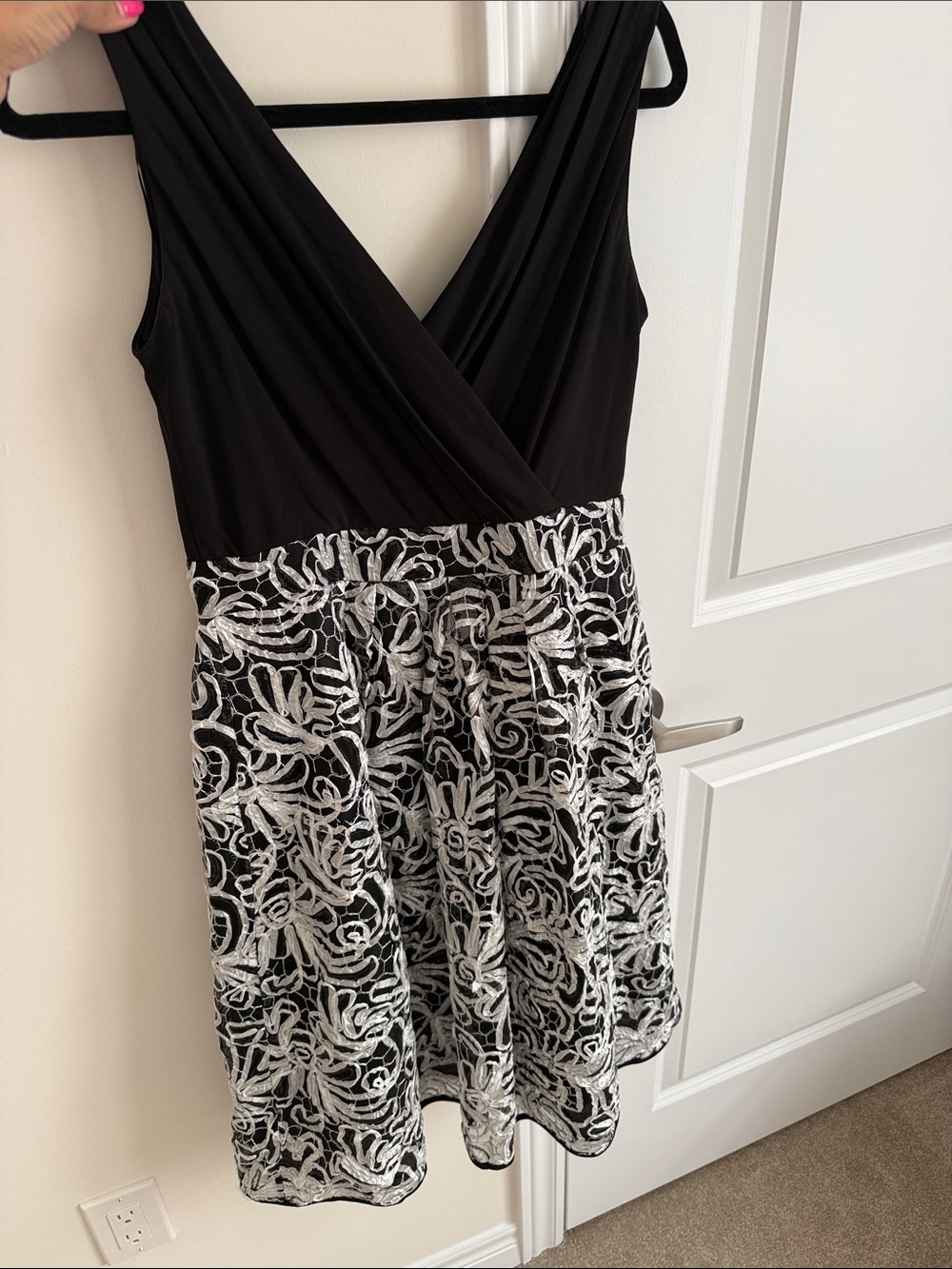 Black V-Neck Dress with White Floral Lace Skirt